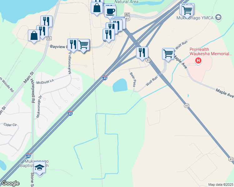 map of restaurants, bars, coffee shops, grocery stores, and more near 1341 Bear Pass in Mukwonago