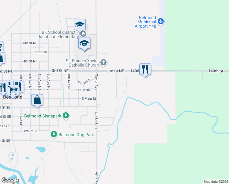 map of restaurants, bars, coffee shops, grocery stores, and more near 101-205 Country Club Drive in Belmond