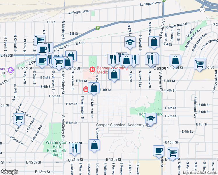 map of restaurants, bars, coffee shops, grocery stores, and more near 1541 East 4th Street in Casper