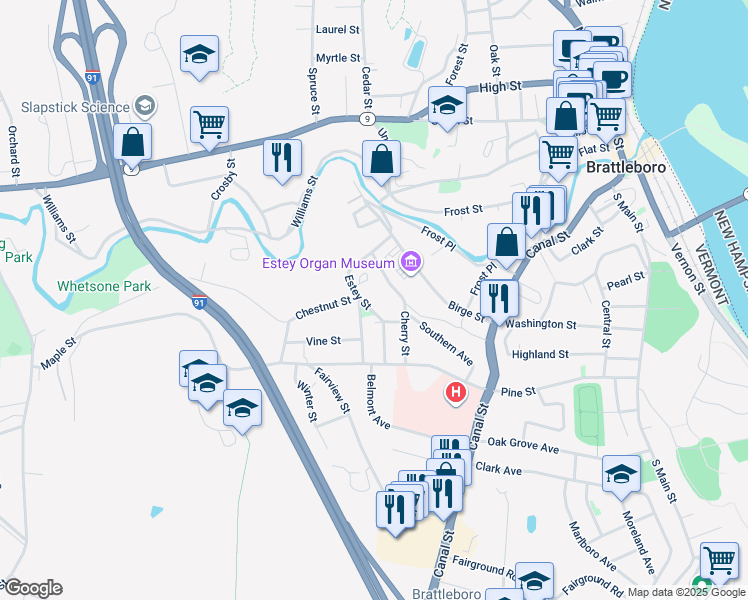map of restaurants, bars, coffee shops, grocery stores, and more near 26 Pleasant Street in Brattleboro