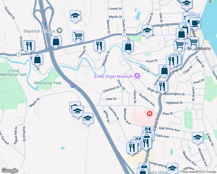 map of restaurants, bars, coffee shops, grocery stores, and more near 68 Chestnut Street in Brattleboro