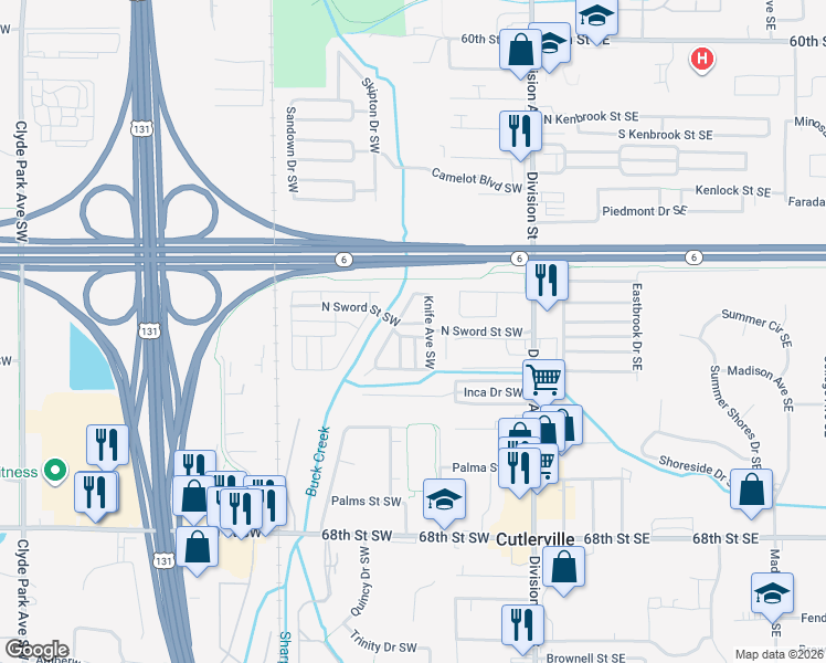 map of restaurants, bars, coffee shops, grocery stores, and more near 6525 Knife Avenue Southwest in Grand Rapids