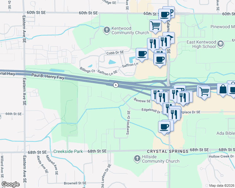 map of restaurants, bars, coffee shops, grocery stores, and more near 1335 Bentree Southeast in Grand Rapids