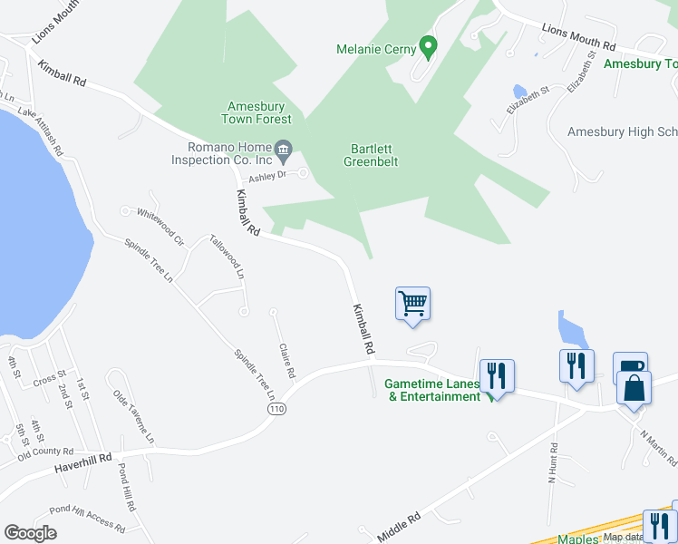 map of restaurants, bars, coffee shops, grocery stores, and more near 21 Kimball Road in Amesbury