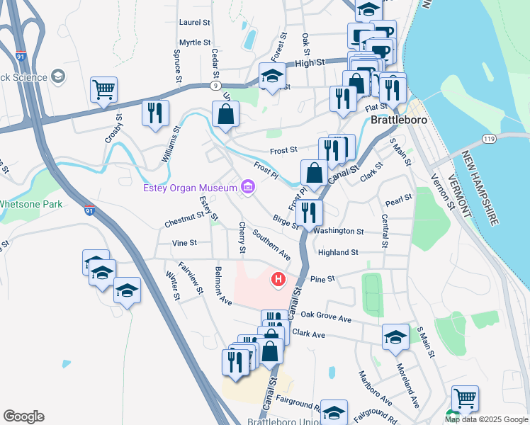 map of restaurants, bars, coffee shops, grocery stores, and more near 68 Birge Street in Brattleboro