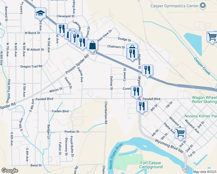 map of restaurants, bars, coffee shops, grocery stores, and more near 815 Connie Street in Mills