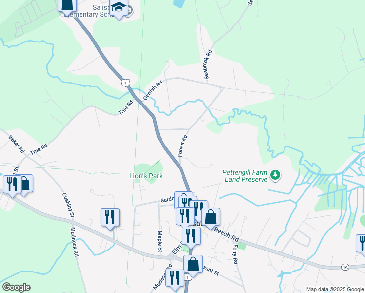 map of restaurants, bars, coffee shops, grocery stores, and more near 33 Lafayette Road in Salisbury