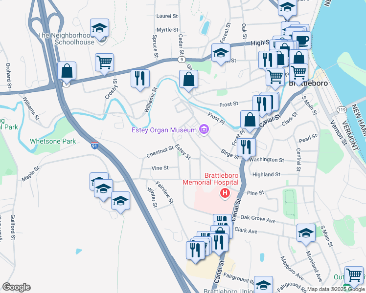 map of restaurants, bars, coffee shops, grocery stores, and more near 26 Pleasant Street in Brattleboro