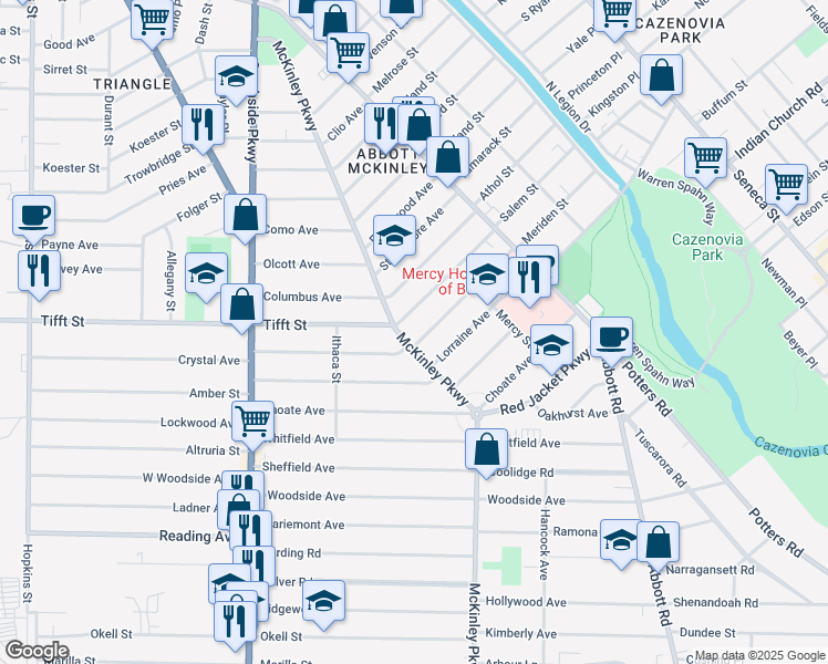 map of restaurants, bars, coffee shops, grocery stores, and more near 516 McKinley Parkway in Buffalo