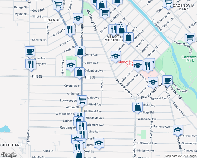 map of restaurants, bars, coffee shops, grocery stores, and more near 81 Richfield Avenue in Buffalo