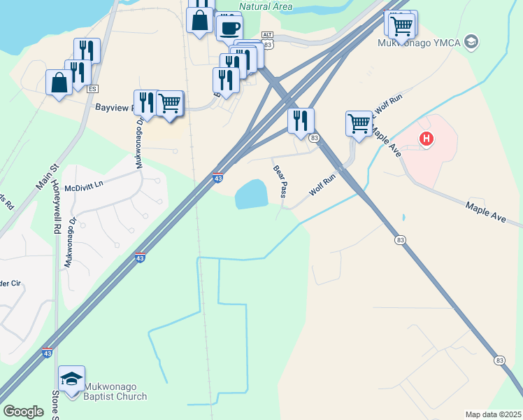 map of restaurants, bars, coffee shops, grocery stores, and more near 250 Wolf Run in Mukwonago
