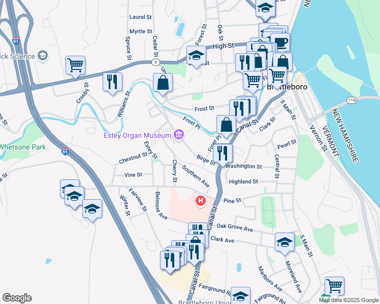 map of restaurants, bars, coffee shops, grocery stores, and more near 68 Birge Street in Brattleboro