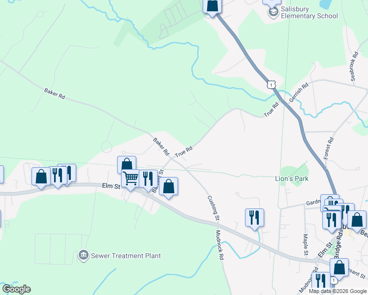 map of restaurants, bars, coffee shops, grocery stores, and more near 42 True Road in Salisbury