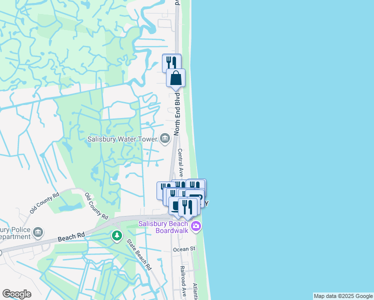 map of restaurants, bars, coffee shops, grocery stores, and more near 136 Central Avenue in Salisbury