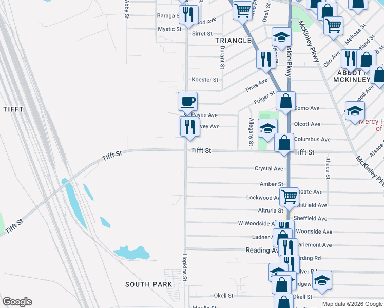 map of restaurants, bars, coffee shops, grocery stores, and more near 365 Hopkins Street in Buffalo