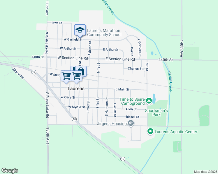 map of restaurants, bars, coffee shops, grocery stores, and more near Harrison Street in Laurens