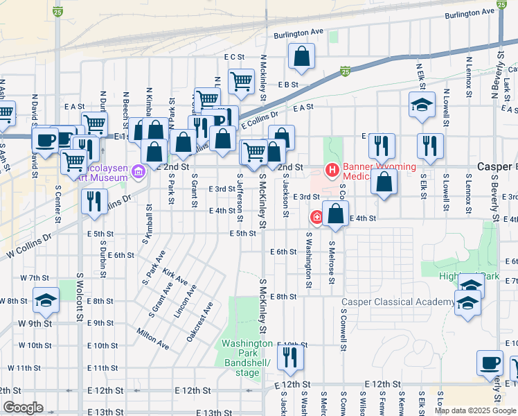 map of restaurants, bars, coffee shops, grocery stores, and more near 342 South McKinley Street in Casper