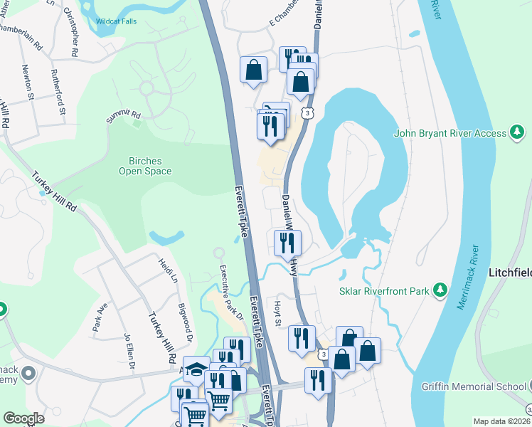 map of restaurants, bars, coffee shops, grocery stores, and more near 22 East Ridge Road in Merrimack