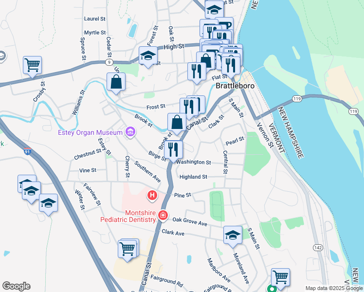 map of restaurants, bars, coffee shops, grocery stores, and more near 165 Canal Street in Brattleboro