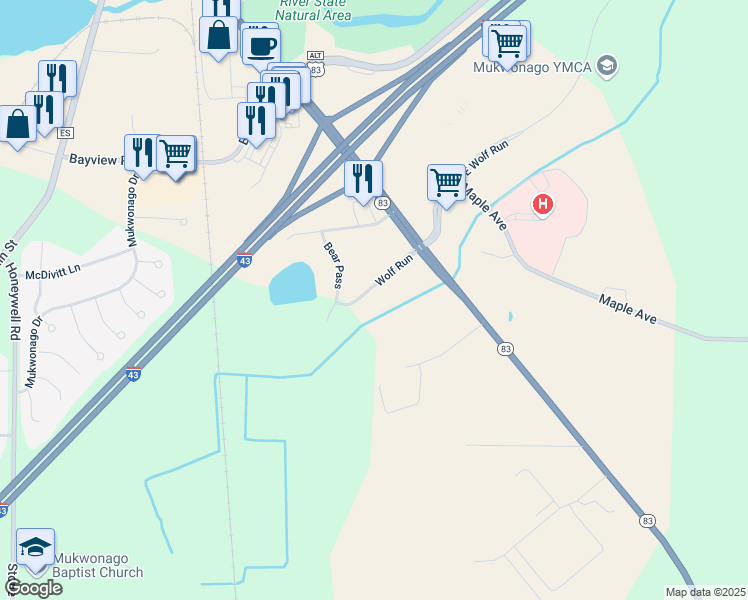 map of restaurants, bars, coffee shops, grocery stores, and more near 123 Wolf Run in Mukwonago