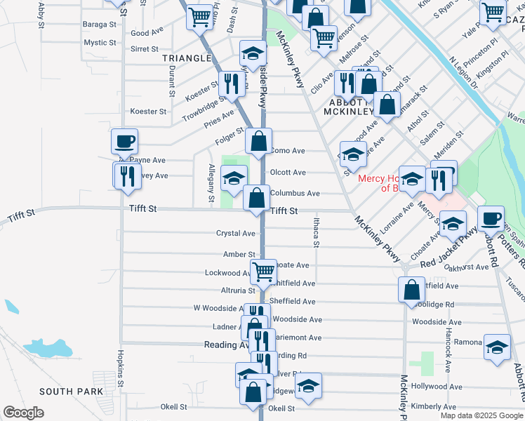 map of restaurants, bars, coffee shops, grocery stores, and more near South Park Ave & Tifft St in Buffalo