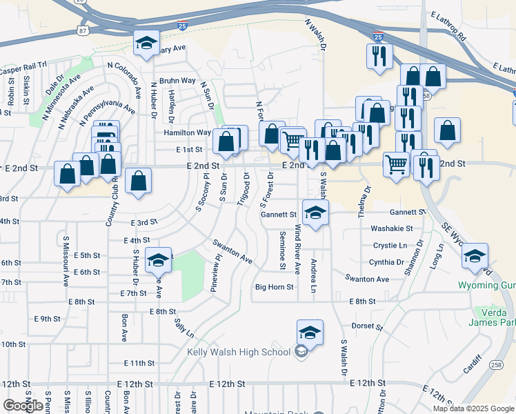 map of restaurants, bars, coffee shops, grocery stores, and more near 320 South Forest Drive in Casper