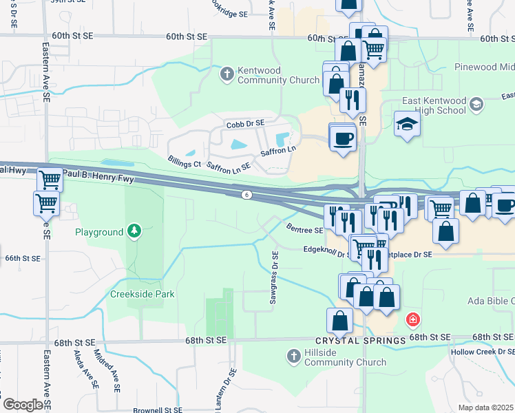 map of restaurants, bars, coffee shops, grocery stores, and more near 6455 Bentree Southeast in Kentwood