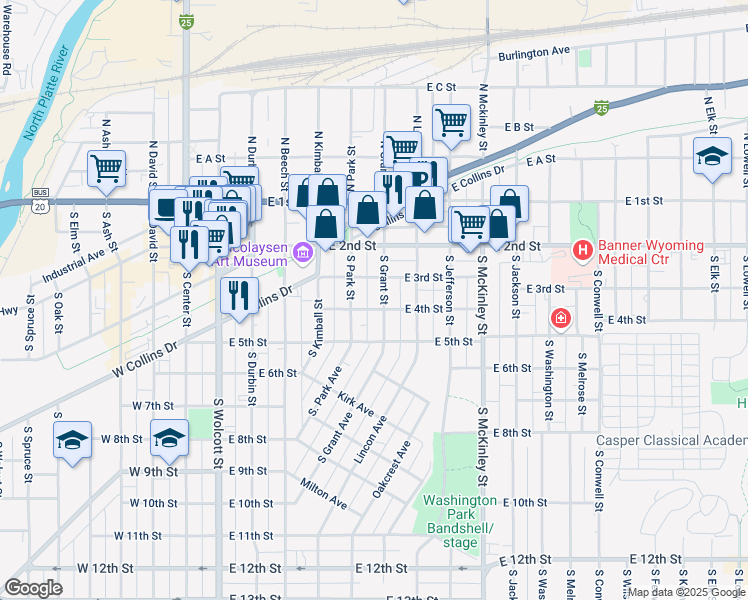 map of restaurants, bars, coffee shops, grocery stores, and more near 345 South Park Street in Casper