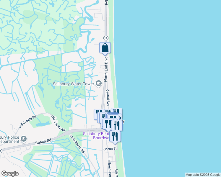 map of restaurants, bars, coffee shops, grocery stores, and more near 136 Central Avenue in Salisbury