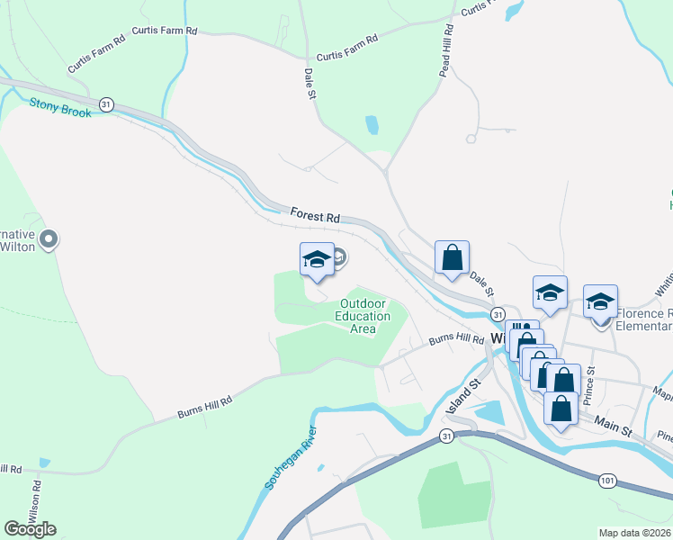 map of restaurants, bars, coffee shops, grocery stores, and more near School Rd in Wilton
