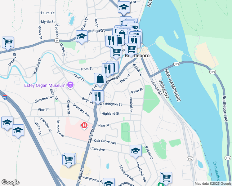 map of restaurants, bars, coffee shops, grocery stores, and more near 112 Canal Street in Brattleboro