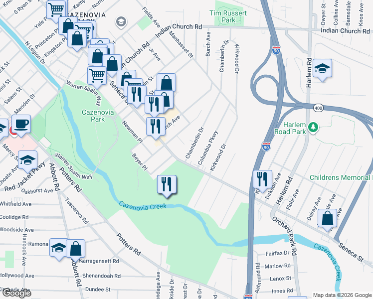 map of restaurants, bars, coffee shops, grocery stores, and more near 50 Chamberlin Drive in West Seneca