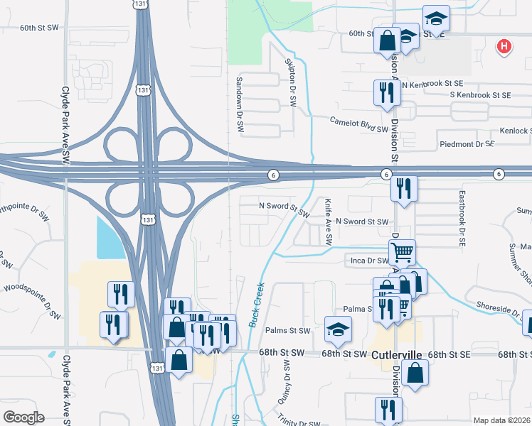 map of restaurants, bars, coffee shops, grocery stores, and more near 286 Spear Street Southwest in Grand Rapids