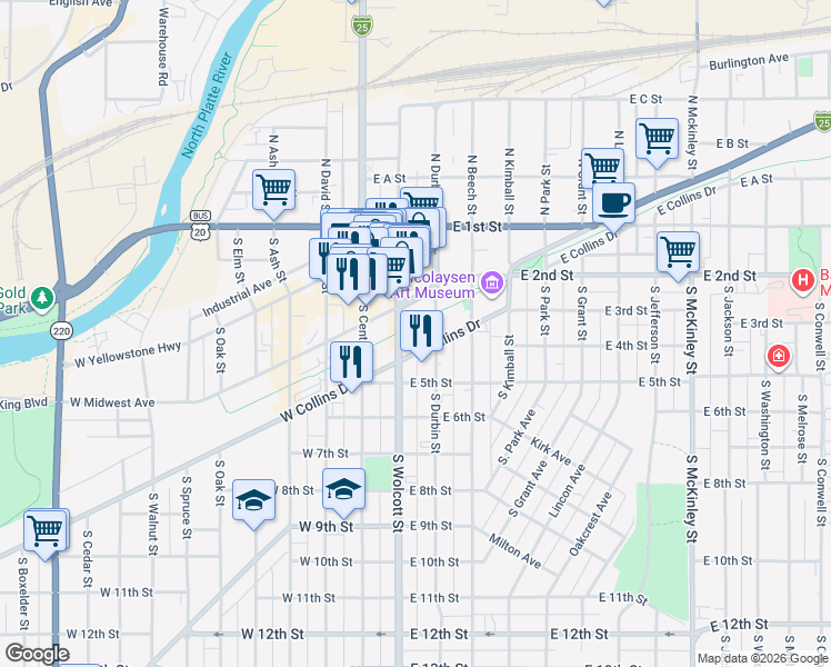 map of restaurants, bars, coffee shops, grocery stores, and more near 303 South Wolcott Street in Casper