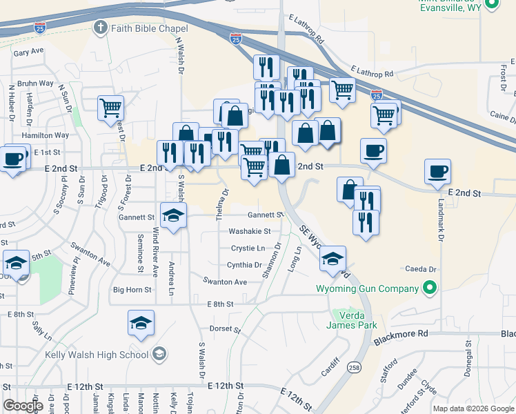 map of restaurants, bars, coffee shops, grocery stores, and more near 4030 Gannett Street in Casper