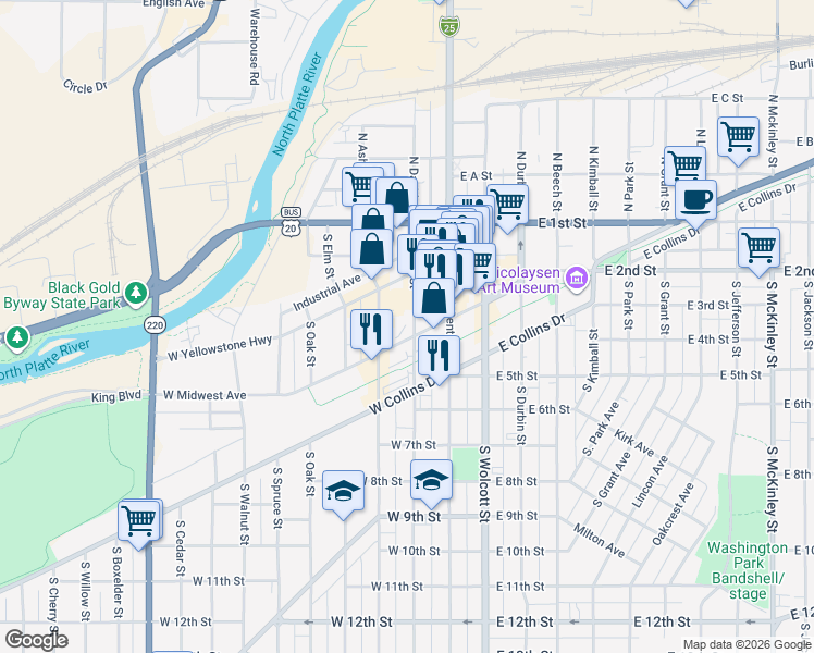 map of restaurants, bars, coffee shops, grocery stores, and more near 312 South Ash Street in Casper