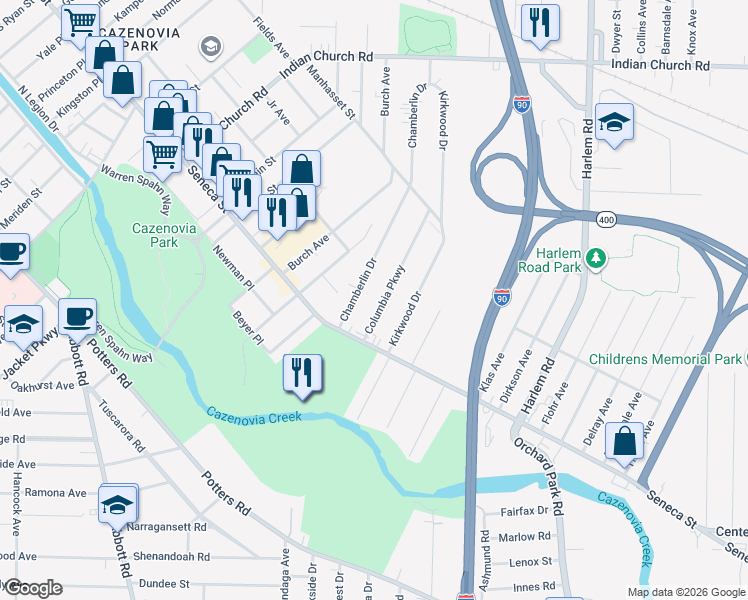 map of restaurants, bars, coffee shops, grocery stores, and more near 70 Columbia Parkway in Buffalo