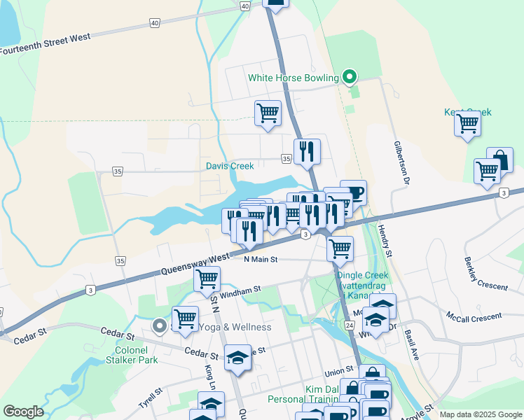 map of restaurants, bars, coffee shops, grocery stores, and more near 5 Mill Pond Court in Simcoe