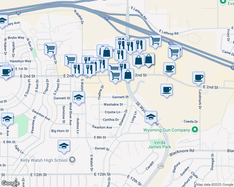 map of restaurants, bars, coffee shops, grocery stores, and more near 4030 Gannett Street in Casper