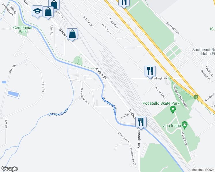 map of restaurants, bars, coffee shops, grocery stores, and more near 2065 Bannock Highway in Pocatello