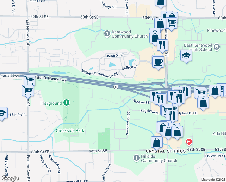 map of restaurants, bars, coffee shops, grocery stores, and more near 6455 Bentree Southeast in Kentwood