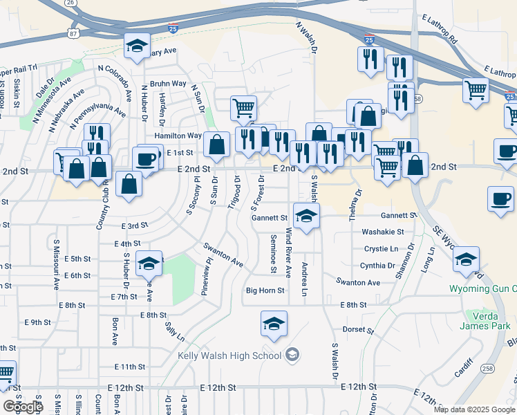 map of restaurants, bars, coffee shops, grocery stores, and more near 320 South Forest Drive in Casper