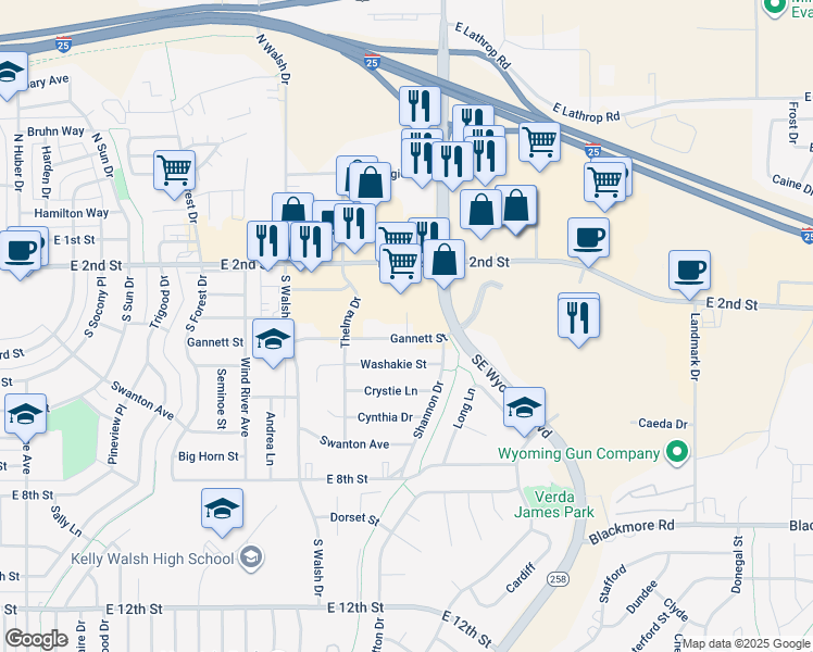 map of restaurants, bars, coffee shops, grocery stores, and more near 4030 Gannett Street in Casper