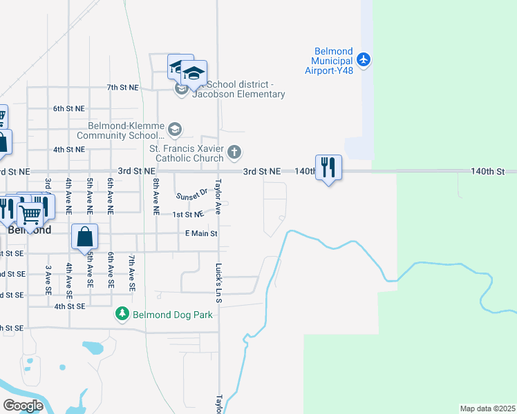 map of restaurants, bars, coffee shops, grocery stores, and more near 207 Country Club Drive in Belmond