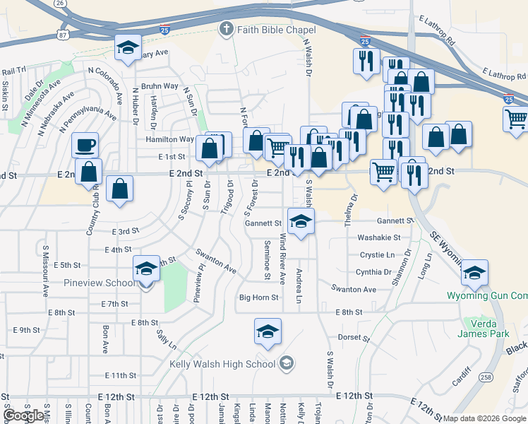 map of restaurants, bars, coffee shops, grocery stores, and more near 3530 Medicine Bow Street in Casper