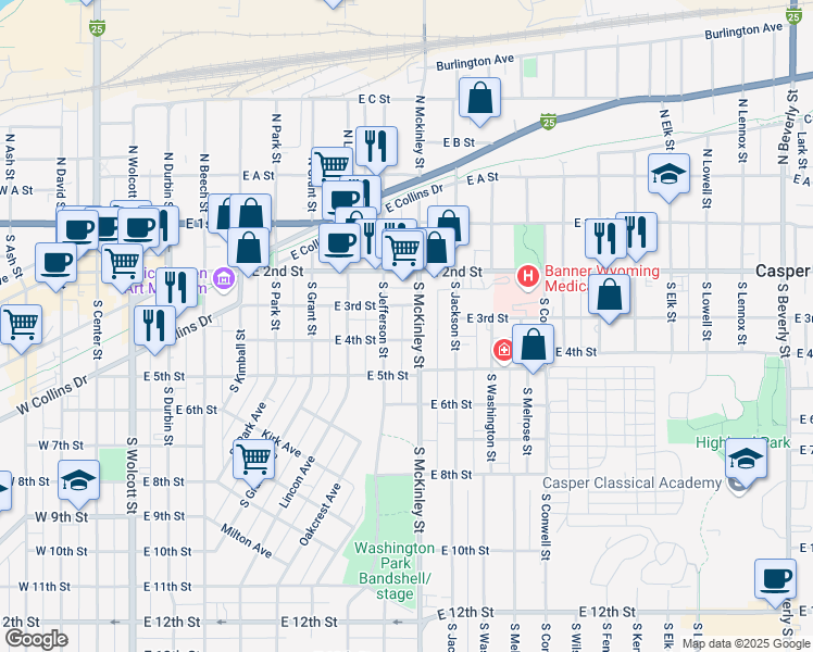 map of restaurants, bars, coffee shops, grocery stores, and more near 304 South McKinley Street in Casper
