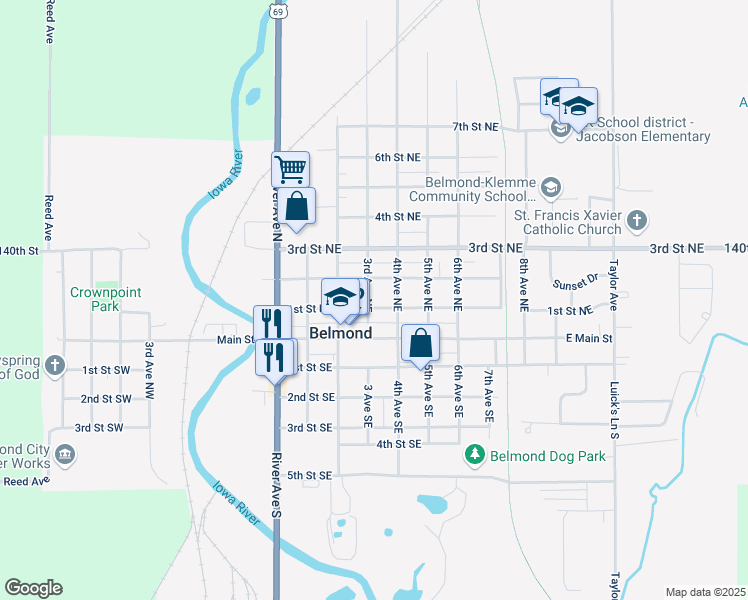 map of restaurants, bars, coffee shops, grocery stores, and more near in Belmond