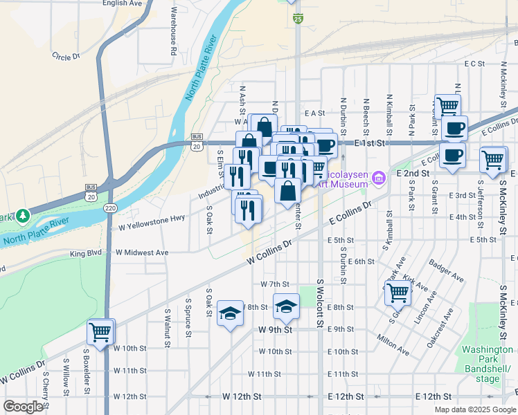 map of restaurants, bars, coffee shops, grocery stores, and more near 355 South Ash Street in Casper