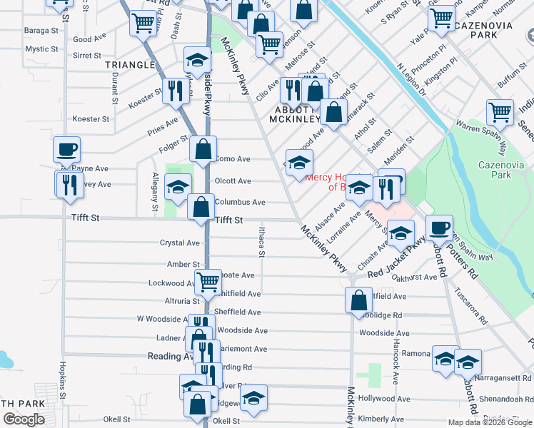map of restaurants, bars, coffee shops, grocery stores, and more near 85 Columbus Avenue in Buffalo