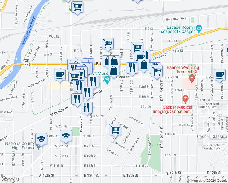 map of restaurants, bars, coffee shops, grocery stores, and more near 304 South Park Street in Casper